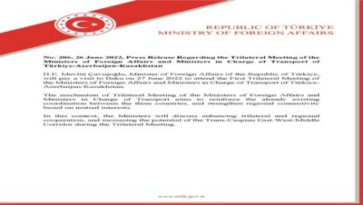 Press Release Regarding the Trilateral Meeting of the Ministers of Foreign Affairs and Ministers in Charge of Transport of Türkiye-Azerbaijan-Kazakhstan