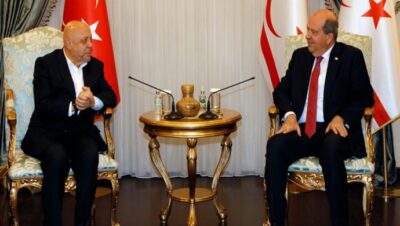 Cumhurbaşkanı Ersin Tatar, Türkiye Hak-İş Genel Başkanı Mahmut Arslan ve Kamu-Sen Genel Başkanı Metin Atan’ı kabul etti