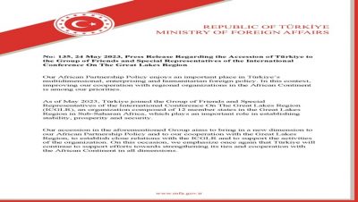 Press Release Regarding the Accession of Türkiye to the Group of Friends and Special Representatives of the International Conference On The Great Lakes Region